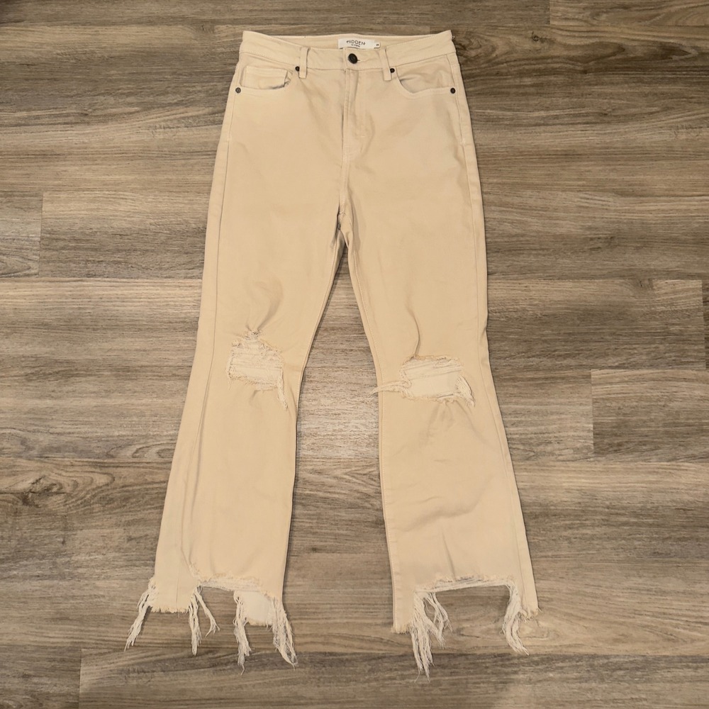 Hidden Jeans Khaki Distressed Straight Leg Raw Chew Hem Women's 28